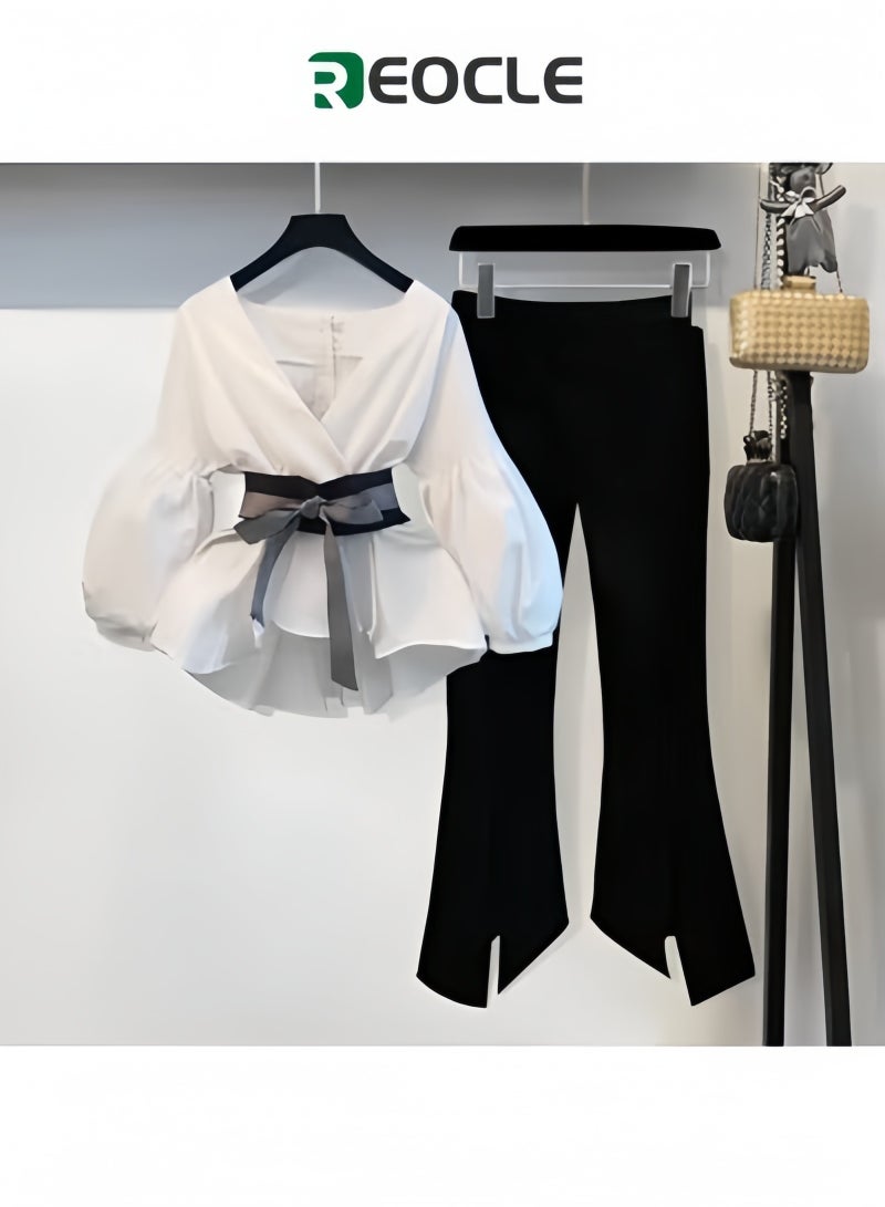 REOCLE Spring and Autumn Suit for Women White Top and Black Trousers Fashionable and Age-reducing Suit for Small People Making Taller and Slimmer Fashionable Suit - Image 1