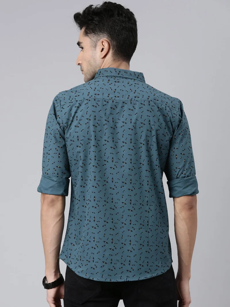 Joven Blue Grey Printed Cotton Casual Shirt for Men