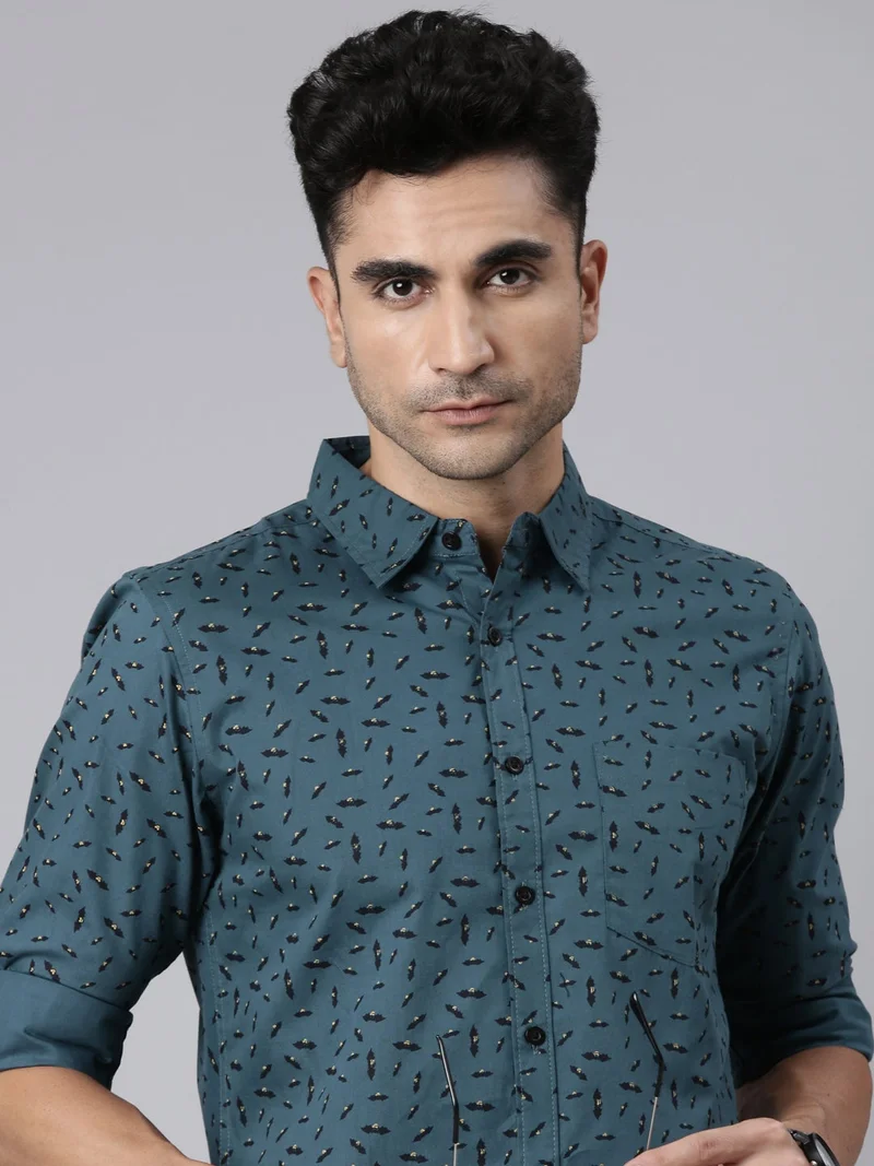 Joven Blue Grey Printed Cotton Casual Shirt for Men