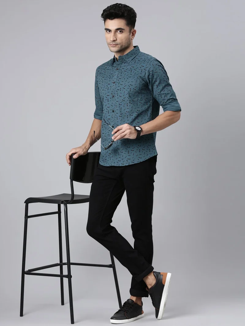 Joven  Blue Grey Printed Cotton Casual Shirt for Men  | Best Price UAE
