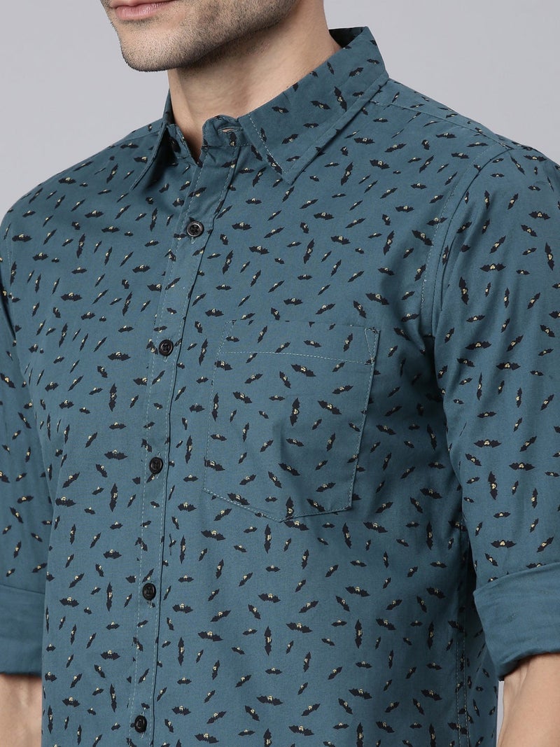 Joven Blue Grey Printed Cotton Casual Shirt for Men - Image 4