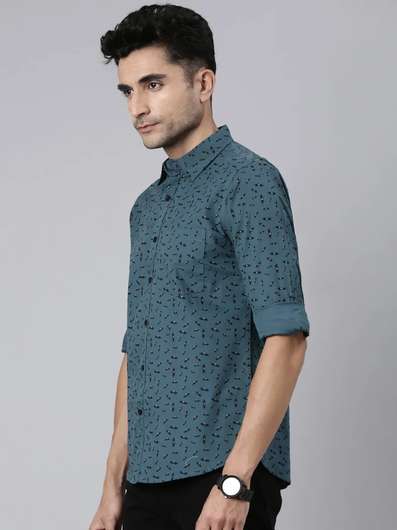 Joven  Blue Grey Printed Cotton Casual Shirt for Men  | Best Price UAE