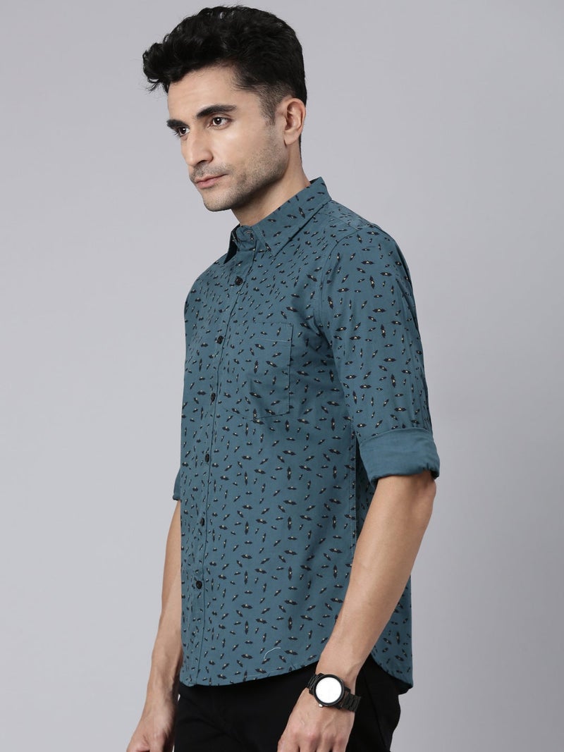 Joven Blue Grey Printed Cotton Casual Shirt for Men - Image 3