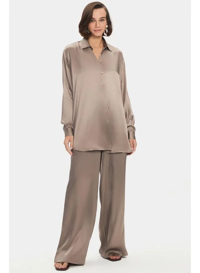 JUNE June Women 100% Viscose Flowy Shirt Trouser Set Mink