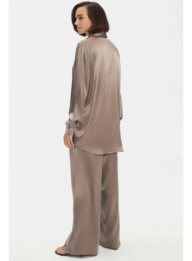 JUNE June Women 100% Viscose Flowy Shirt Trouser Set Mink