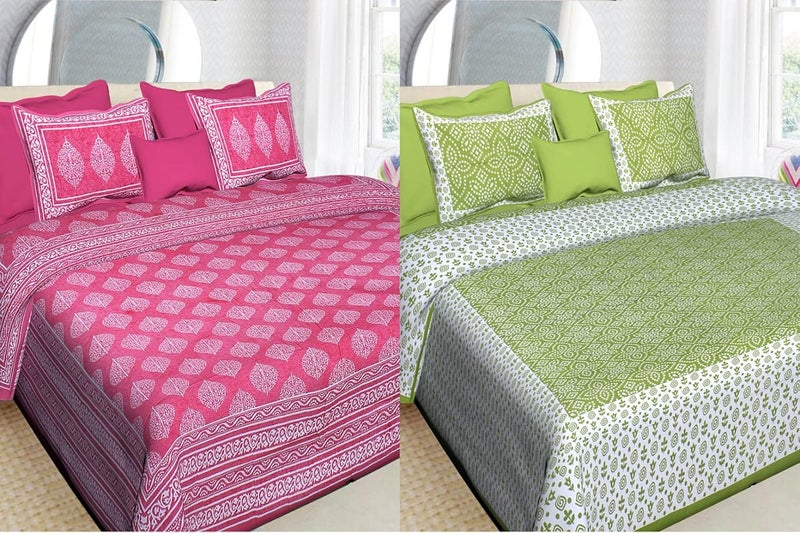 UNIBLISS UNIBLISS 100 Cotton Rajasthani Jaipuri Sanganeri Combo Double Bed Set of 2 Double Bedsheets with 4 Pillow Covers Multi_057 