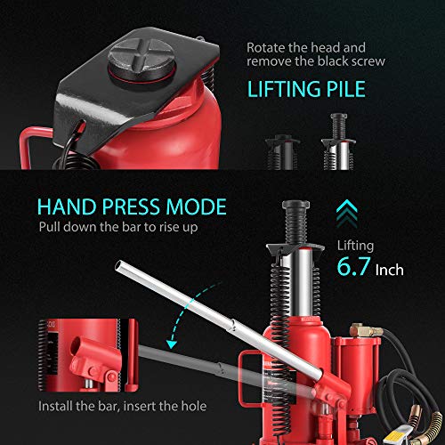 SPECSTAR Pneumatic Air Hydraulic Bottle Jack with Manual Hand Pump 20 Ton Heavy Duty Auto Truck Travel Trailer Repair Lift Red - Image 4