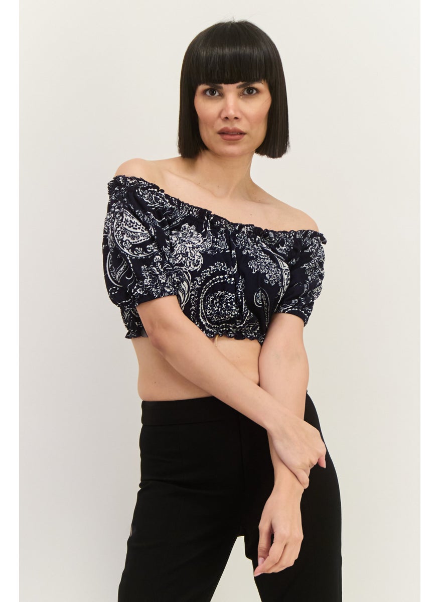 Lefties Women Off Shoulder Short Sleeve Allover Print Top, Navy  - Image 1