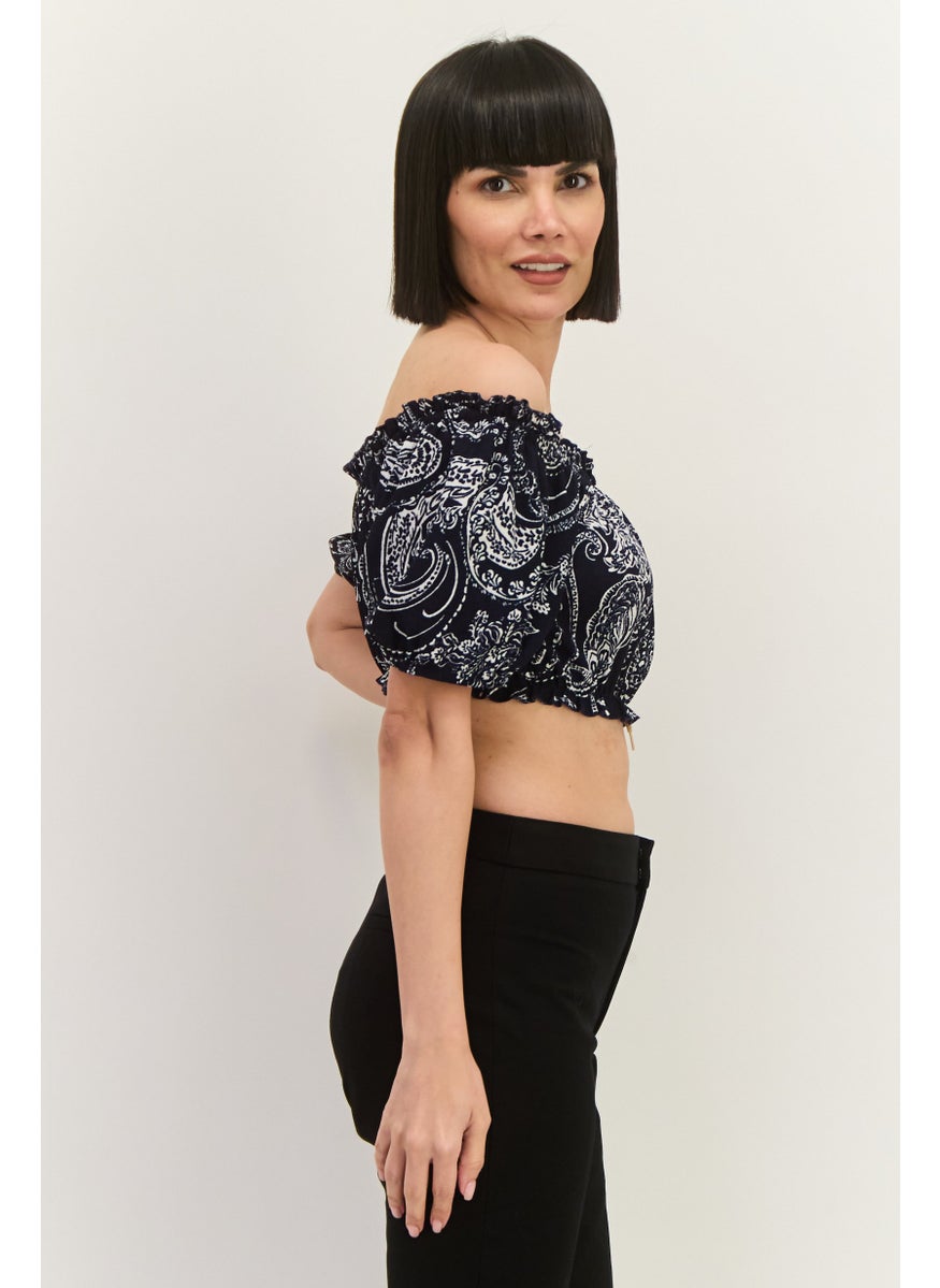 Lefties Women Off Shoulder Short Sleeve Allover Print Top, Navy  - Image 2