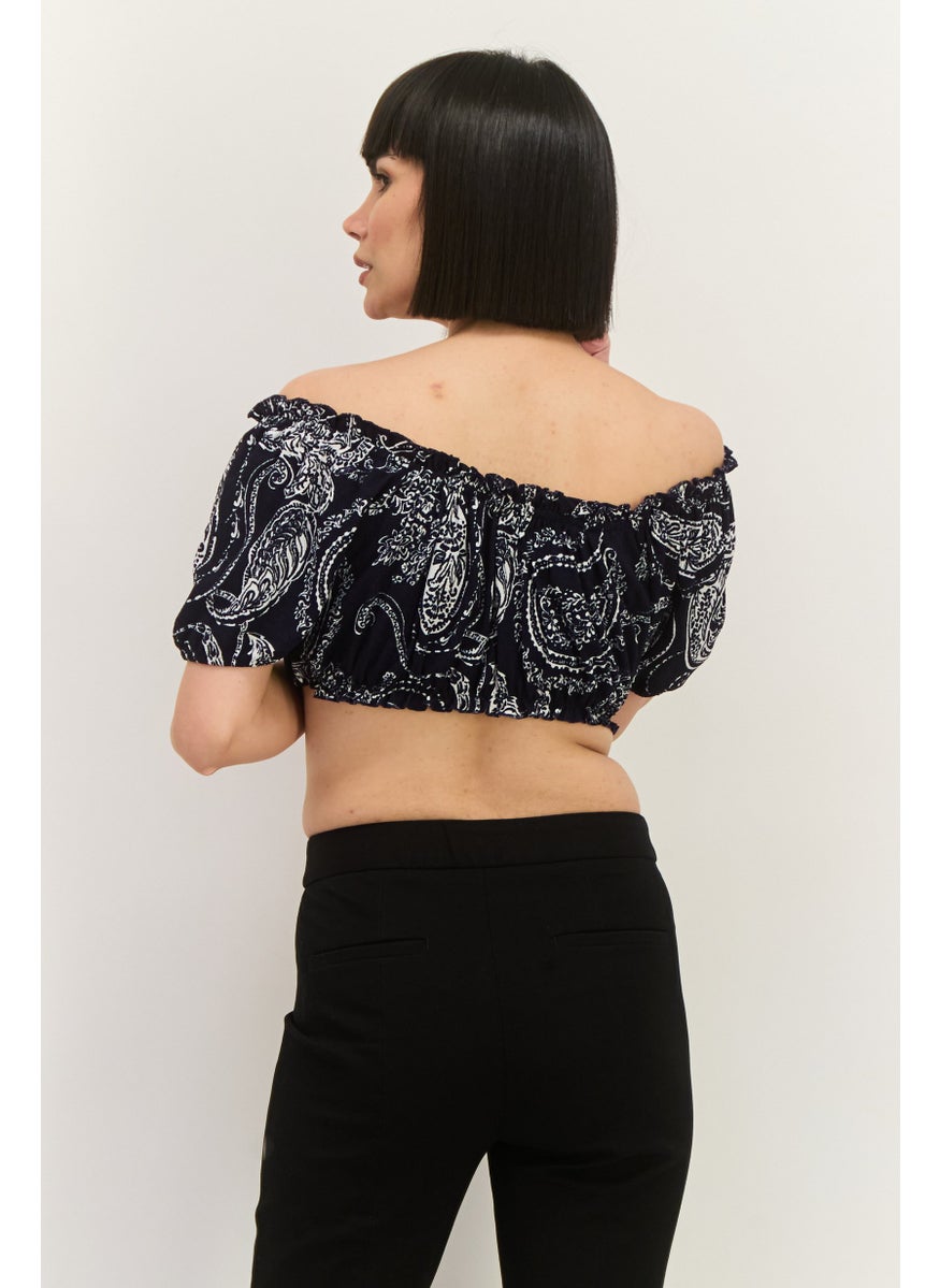 Lefties Women Off Shoulder Short Sleeve Allover Print Top, Navy  - Image 3