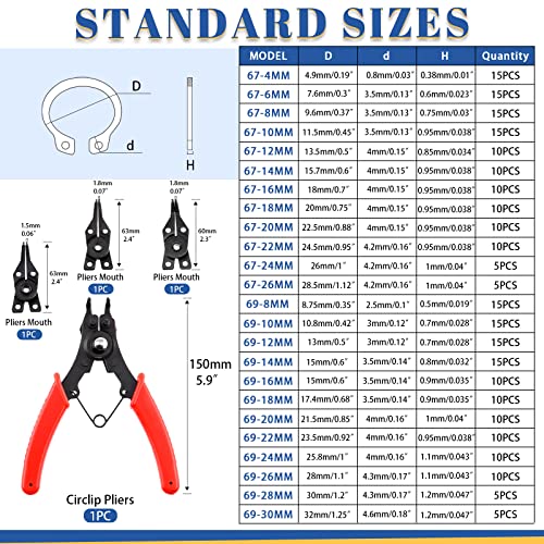 Glarks 261Pcs Snap Ring Pliers and Snap Ring Set A Snap Ring Pliers with 4 Interchangeable Jaws and 260Pcs Internal External CirClips Assortment Kit for Axles Shafts and Other Moving Parts - Image 3