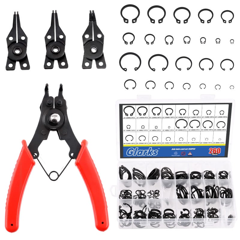 Glarks 261Pcs Snap Ring Pliers and Snap Ring Set A Snap Ring Pliers with 4 Interchangeable Jaws and 260Pcs Internal External CirClips Assortment Kit for Axles Shafts and Other Moving Parts - Image 2