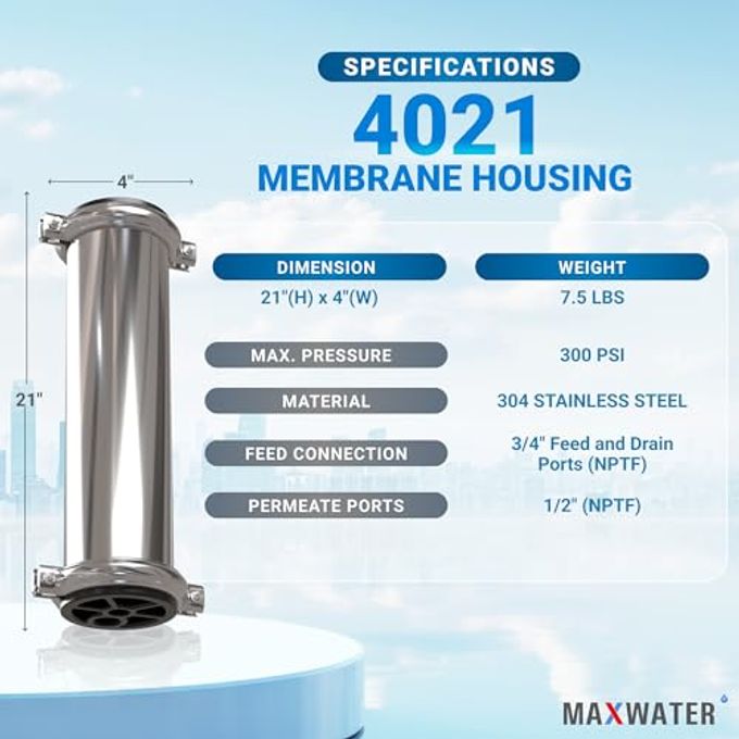 Max Water 4021 Heavy Duty, Stainless Steel Reverse Osmosis Commercial Membrane Housing 4" x 21" - Image 2
