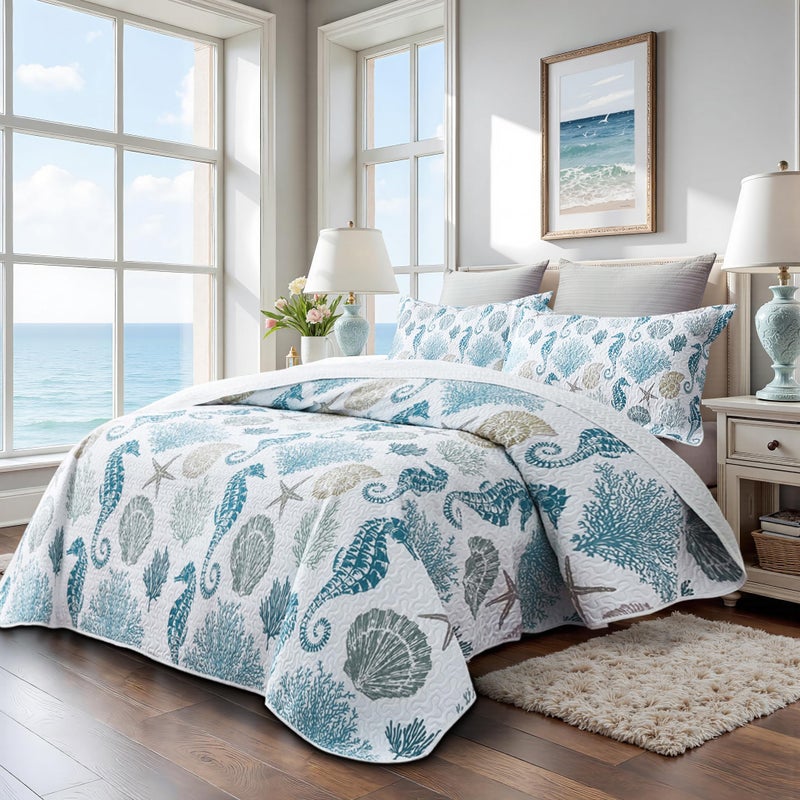 weesire Coastal Bedding King Size Coastal Quilt with 2 Shams, Nautical Beach Comforter Sets Ocean Bedspreads Blue Seahorse Coverlet Summer Bedding, 96''x106'' - Image 2
