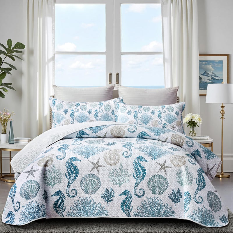 weesire Coastal Bedding King Size Coastal Quilt with 2 Shams, Nautical Beach Comforter Sets Ocean Bedspreads Blue Seahorse Coverlet Summer Bedding, 96''x106'' - Image 1