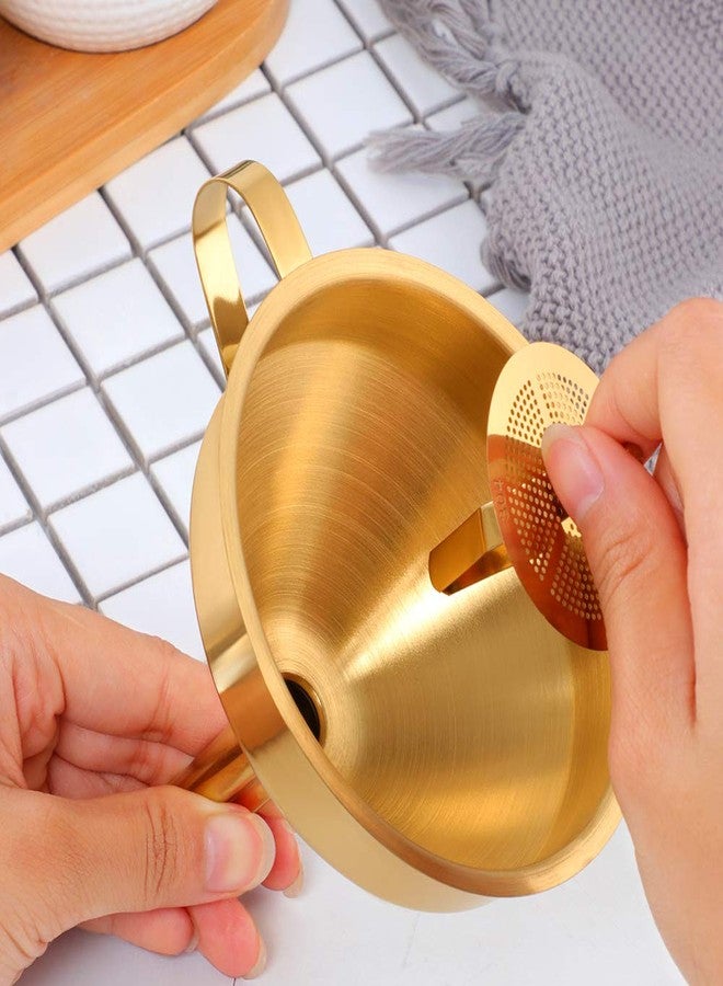 mingcheng Stainless Steel Wide Mouth Funnels with Detachable Strainer, 5-inch Funnel for Filling Small Bottles and Jars, Cooking Oil and Transmission Liquid and Powder, Food Grade Metal Kitchen Funnels Gold - Image 3