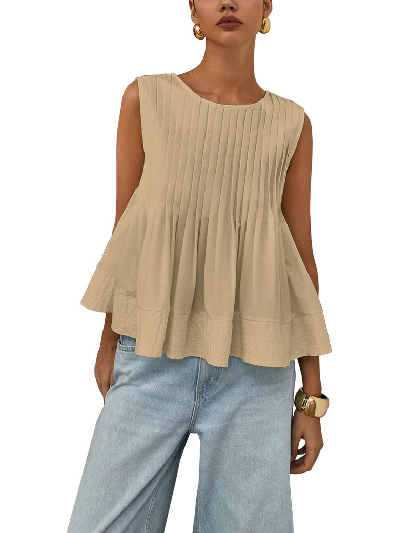 Lumister Womens Peplum Babydoll Tops Cute Pleated Sleeveless Ruffle Peplum Blouse T Shirts Tank Summer Tops Khaki - Image 1