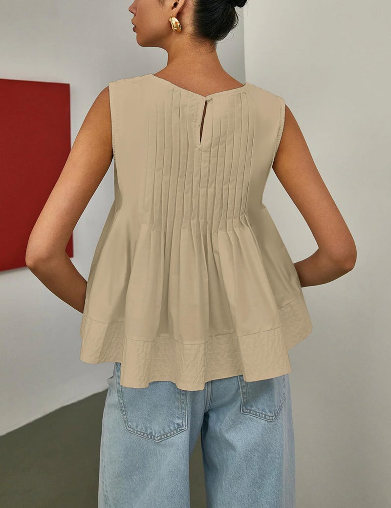 Lumister Womens Peplum Babydoll Tops Cute Pleated Sleeveless Ruffle Peplum Blouse T Shirts Tank Summer Tops Khaki - Image 3
