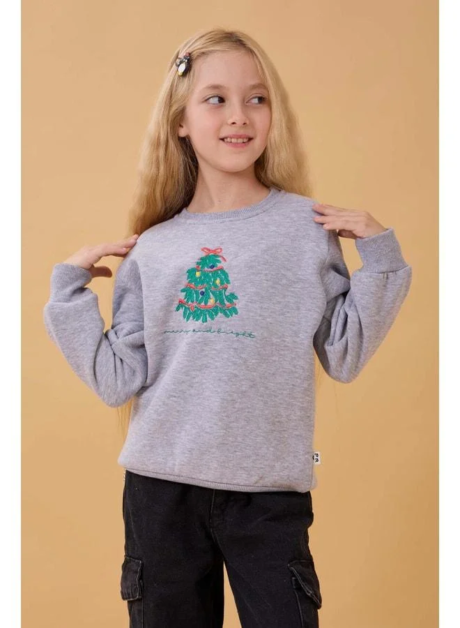 Perendi Girl's Bicycle Collar Embroidered Detailed Winter Sweatshirt – Gray Mélange