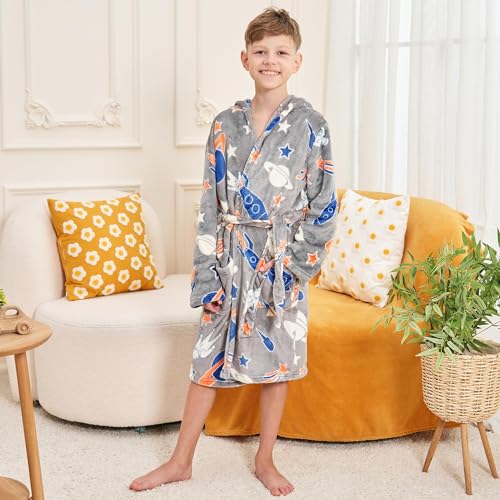 V.&GRIN VGRIN Boys Fleece Robe Hooded Plush Soft Fuzzy Bathrobe for Kids 514 Years Cozy Warm Sleepwear GiftSpace 78 - Image 3