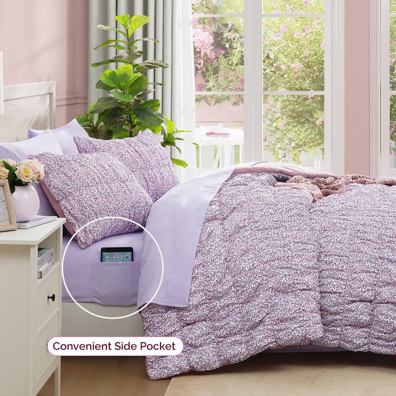BLOOMHAVEN Queen Comforter Set - 7 Pieces Light Purple Puff Floral Bedding Sets for All Seasons, Shabby Chic Farmhouse Bed in a Bag Queen with Wildflowers Fluffy Comforter, Sheets, Pillowcases & Shams - Image 3