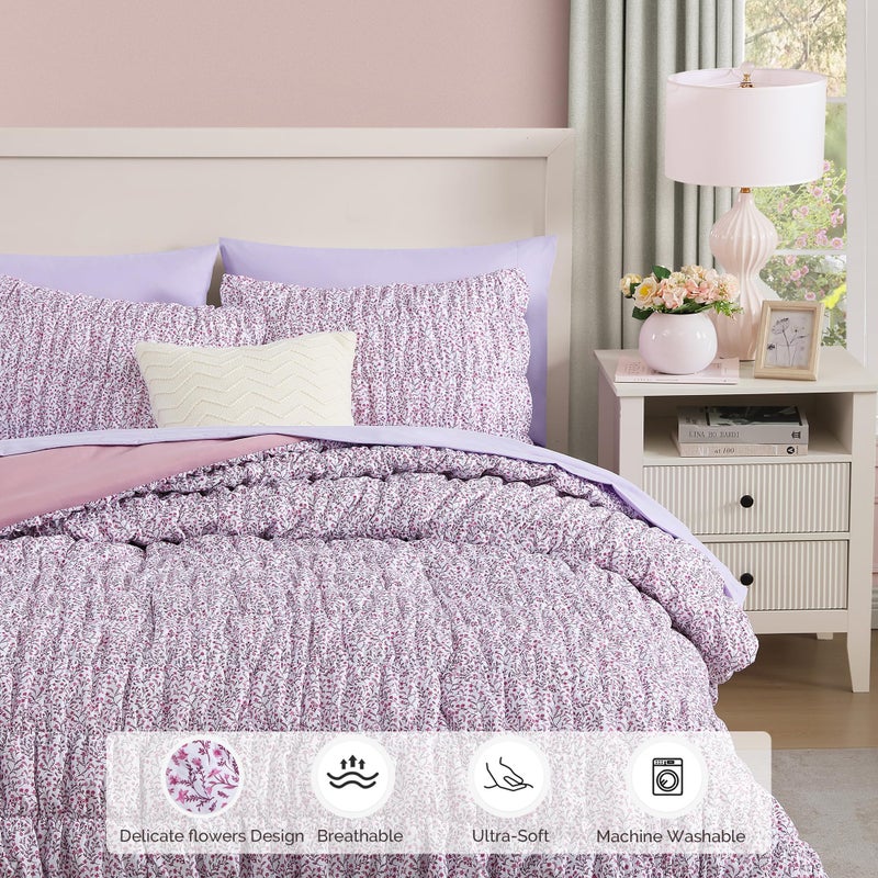 BLOOMHAVEN Queen Comforter Set - 7 Pieces Light Purple Puff Floral Bedding Sets for All Seasons, Shabby Chic Farmhouse Bed in a Bag Queen with Wildflowers Fluffy Comforter, Sheets, Pillowcases & Shams - Image 4