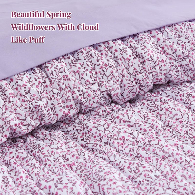 BLOOMHAVEN Queen Comforter Set - 7 Pieces Light Purple Puff Floral Bedding Sets for All Seasons, Shabby Chic Farmhouse Bed in a Bag Queen with Wildflowers Fluffy Comforter, Sheets, Pillowcases & Shams - Image 2