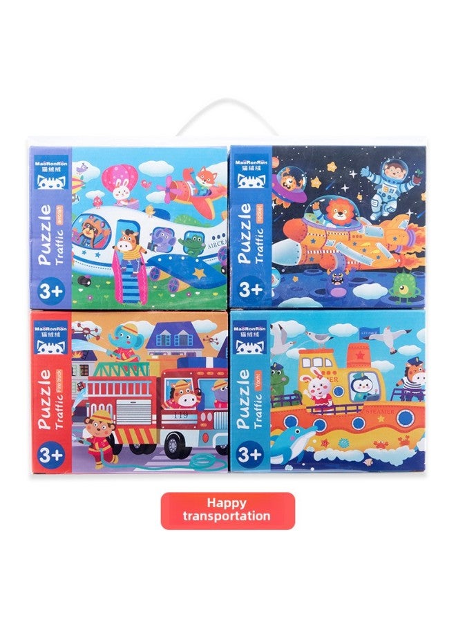 Enlightenment Children's Wooden Four-in-One Puzzle Children's Educational Children's Big Dinosaur Traffic Four Seasons Puzzle Toy-Color:Happy Traffic - Image 1