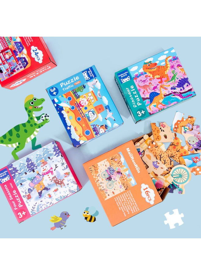 Enlightenment Children's Wooden Four-in-One Puzzle Children's Educational Children's Big Dinosaur Traffic Four Seasons Puzzle Toy-Color:Happy Traffic - Image 2