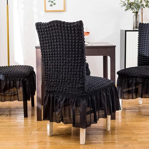 House of Quirk Polyester Turkish Bubble Frill Chair Cover Stretch Removable Washable Short Dining Chair Cover Protector Seat Slipcover (Coffee, Pack Of 4) - Image 4