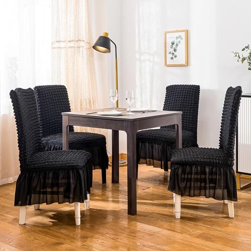 House of Quirk Polyester Turkish Bubble Frill Chair Cover Stretch Removable Washable Short Dining Chair Cover Protector Seat Slipcover (Coffee, Pack Of 4) - Image 5