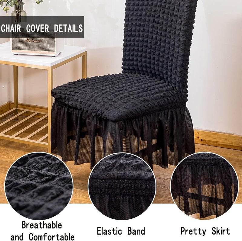 House of Quirk Polyester Turkish Bubble Frill Chair Cover Stretch Removable Washable Short Dining Chair Cover Protector Seat Slipcover (Coffee, Pack Of 4) - Image 3