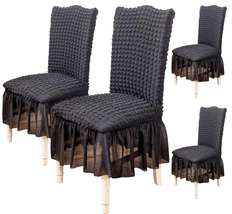House of Quirk Polyester Turkish Bubble Frill Chair Cover Stretch Removable Washable Short Dining Chair Cover Protector Seat Slipcover (Coffee, Pack Of 4) - Image 1