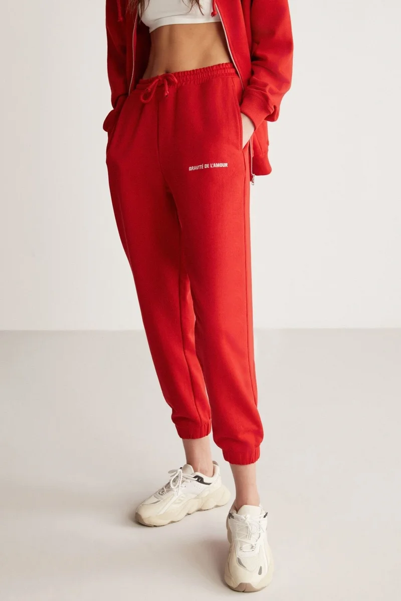 GRIMELANGE Carroline Women's Casual Cut Embroidered Waist and Leg Elastic Red Sweatpants