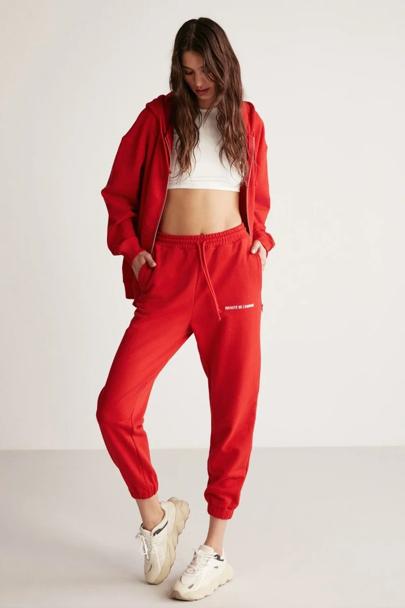 GRIMELANGE Carroline Women's Casual Cut Embroidered Waist and Leg Elastic Red Sweatpants