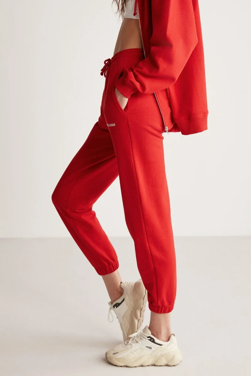 GRIMELANGE Carroline Women's Casual Cut Embroidered Waist and Leg Elastic Red Sweatpants