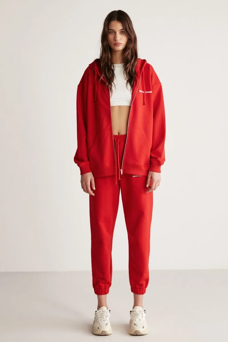 GRIMELANGE Carroline Women's Casual Cut Embroidered Waist and Leg Elastic Red Sweatpants