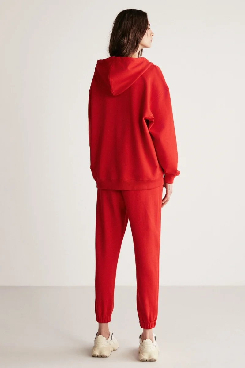 GRIMELANGE Carroline Women's Casual Cut Embroidered Waist and Leg Elastic Red Sweatpants