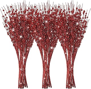 Jutom 12 Pieces Red Berry Stem Artificial Glitter Holly Berry Picks Ornaments 15.7 Inch Fake Christmas Tree Pick Sticks - Image 1
