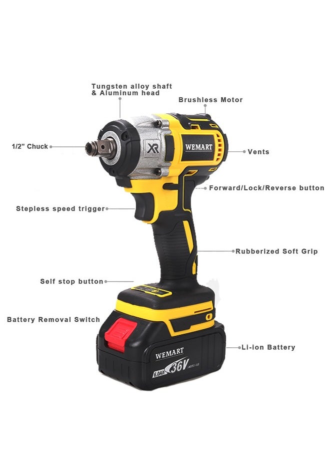 WEMART - Cordless 1/2 Inch Brushless Impact Wrench, 2950RPM Cordless Impact Gun with 2 4000mAh Batteries, Charger and 6 Outlets, Electric Impact Driver for Car Home Use - Image 1
