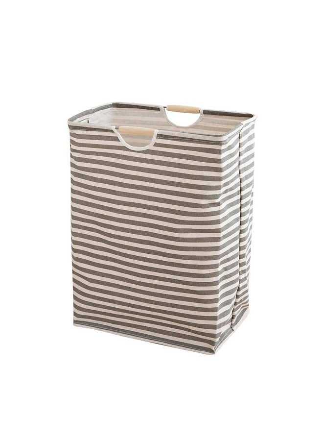 House of Quirk 52 Litre Linen Cotton Collapsible Laundry Basket For Folding Portable Dirty Clothes Storage Hamper (Beige/Grey Horizontal) - Image 1