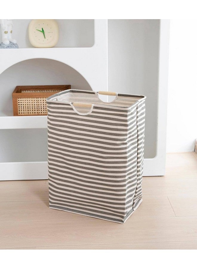 House of Quirk 52 Litre Linen Cotton Collapsible Laundry Basket For Folding Portable Dirty Clothes Storage Hamper (Beige/Grey Horizontal) - Image 4