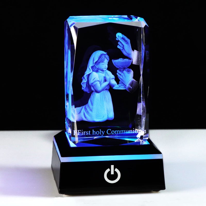 Qianwei First Communion Gifts for Girls 3D Engraving Crystal Praying Girl Figurine First 1st Communion Veil Decoration Baptism Gifts for Girls Catholic