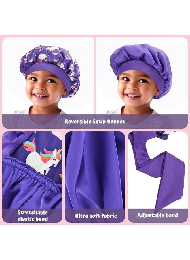 Lolalet 2 PCS Kids Bonnets for Girls, Reversible Silk Bonnet for Sleeping Satin Bonnet Cap with Wide Elastic Band -Purple & Pink  - Image 2