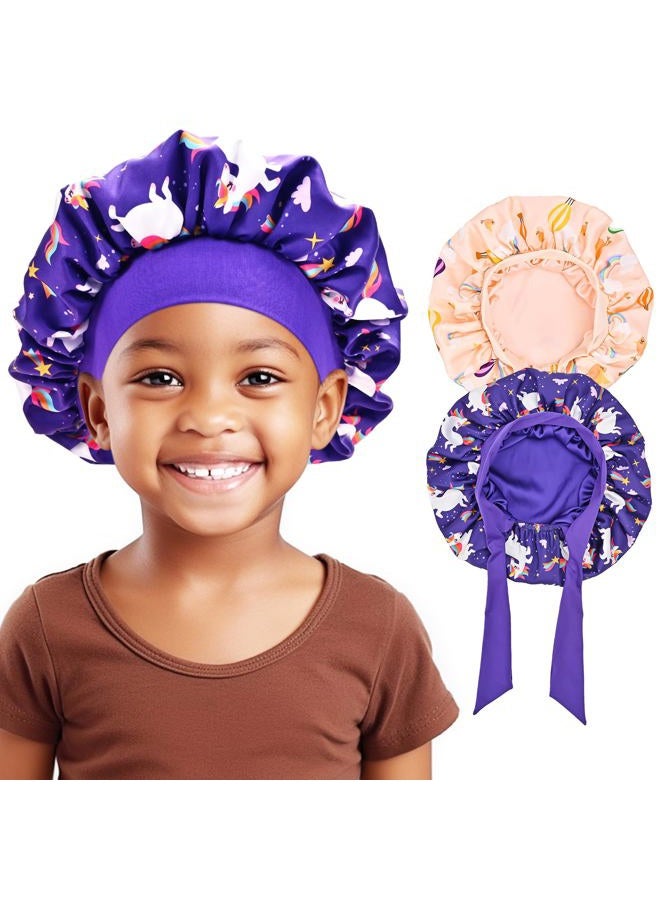 Lolalet 2 PCS Kids Bonnets for Girls, Reversible Silk Bonnet for Sleeping Satin Bonnet Cap with Wide Elastic Band -Purple & Pink  - Image 1
