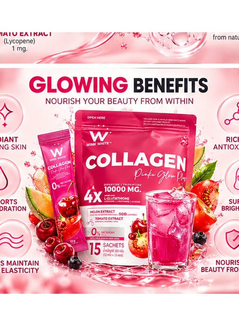 Wink White Collagen Pink Glow Plus – 15 Sachets (12g Each) | 10,000mg Collagen, L-Glutathione, Melon & Tomato Extracts for Radiant & Youthful Skin - Image 4