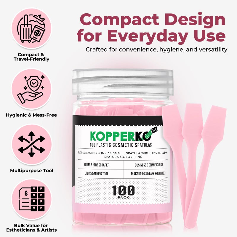 Kopperko 100 Pack 2.5 Inch Cosmetic Spatulas - Small Plastic Spatula for Cosmetics, Creams, & Crafts | Makeup Spatula or Multipurpose Mini Applicator for Mixing, Skincare, or Scraping Jars | Pink - Image 2