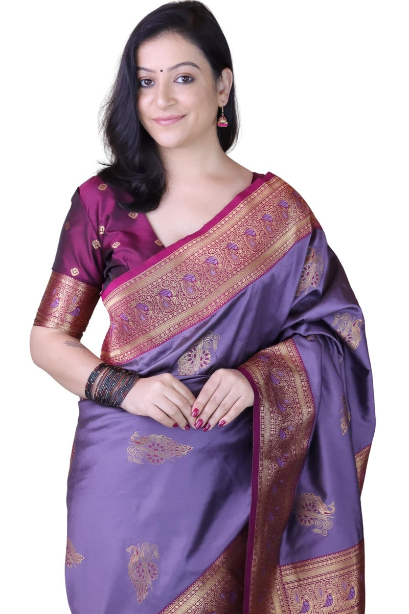 SGF11 Women's Kanjivaram Pure Soft Silk Saree With Blouse Piece (Lavender) - Image 1