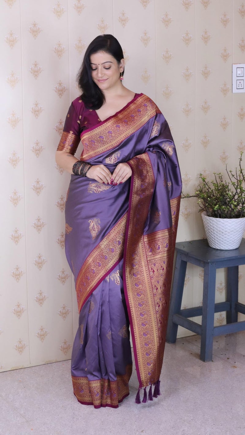 SGF11 Women's Kanjivaram Pure Soft Silk Saree With Blouse Piece (Lavender) - Image 2