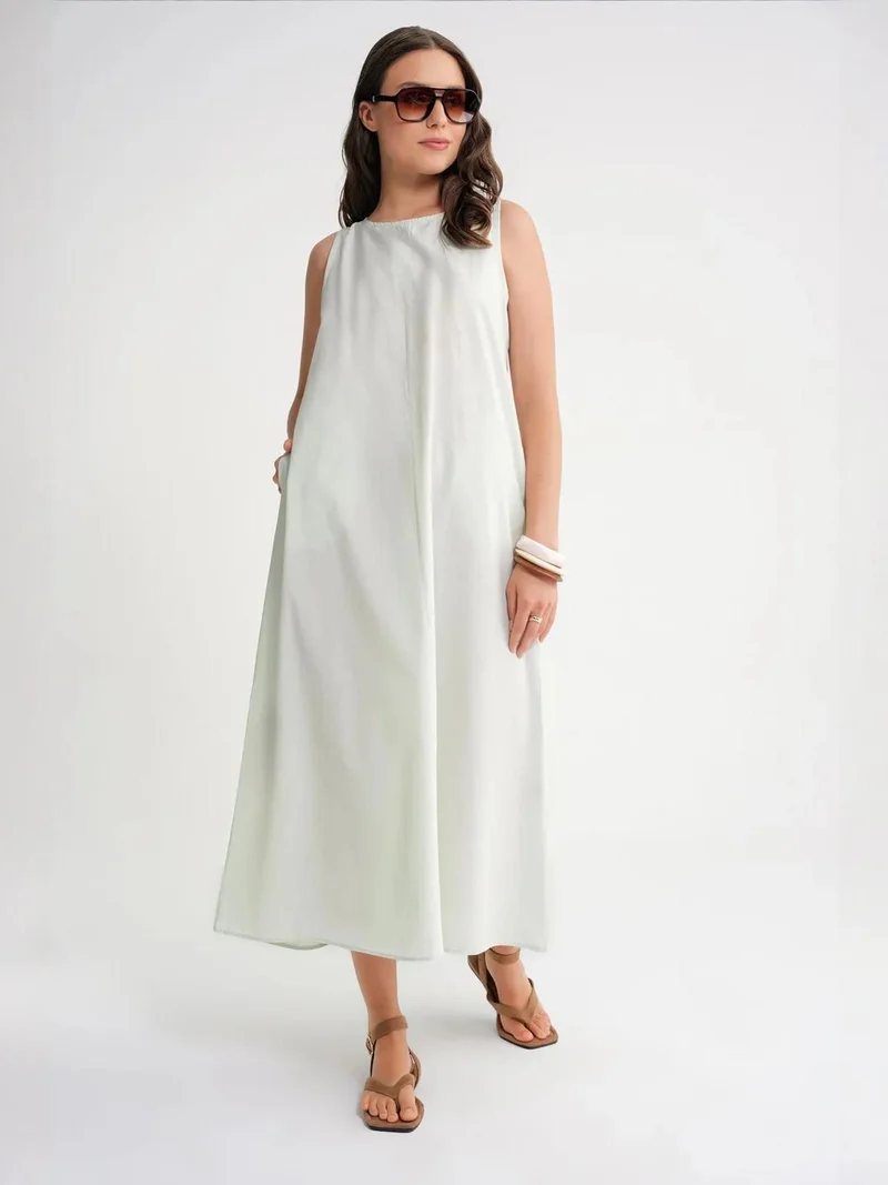 Mixray Sage Green MIXRAY Maxi poplin dress with pockets for Women | Best Price UAE